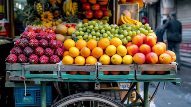 A variedade é abundante Um carrinho transbordante de frutas variadas