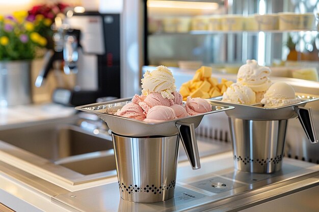 Foto a variety of ice creams are on a counter with a silver container with ice cream in it