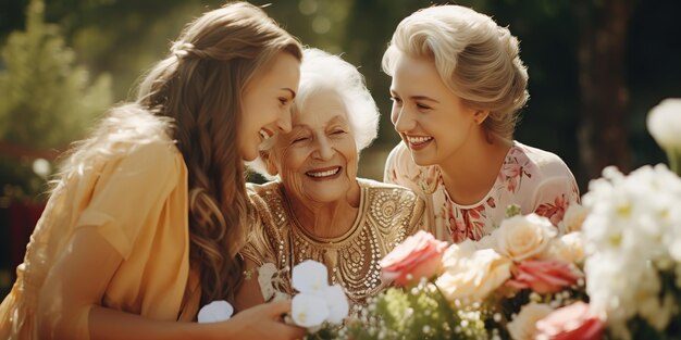 A velha avó e filha parabenizam pelo feriado dão flores