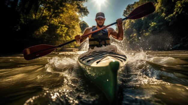 A velocidade dos canoístas através das árvores do rio é difusa.