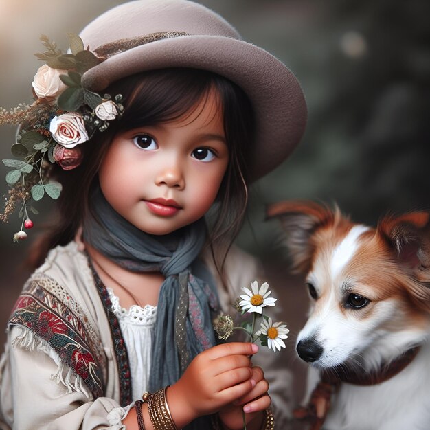 A verdadeira felicidade é um cachorrinho bonito e uma menina encantadora com um chapéu decorado com flores.