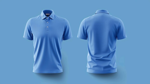 Foto a versatile modern blue polo shirt mockup that showcases both the front and back views perfect for adding your own designs and logos crafted from highquality materials this blank polo s