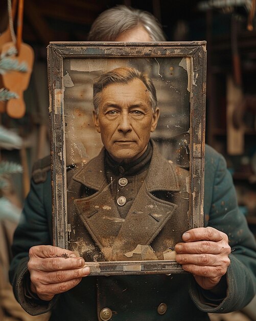 Foto a veteran holding faded photograph background