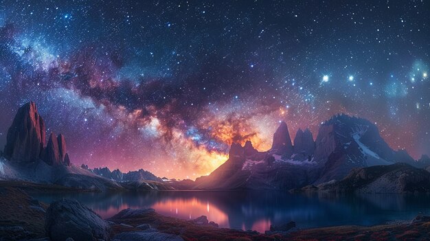 A Via Láctea arqueando-se sobre uma paisagem montanhosa tranquila