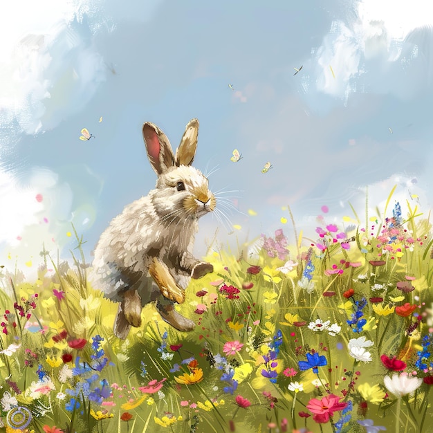A viagem de primavera do Coelho da Páscoa através de um campo colorido de flores