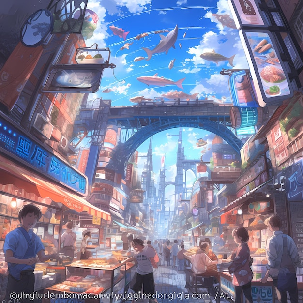A vibrante cena da rua do mercado