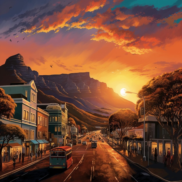 A vibrante cena da rua do pôr-do-sol na Cidade do Cabo com a Montanha da Mesa