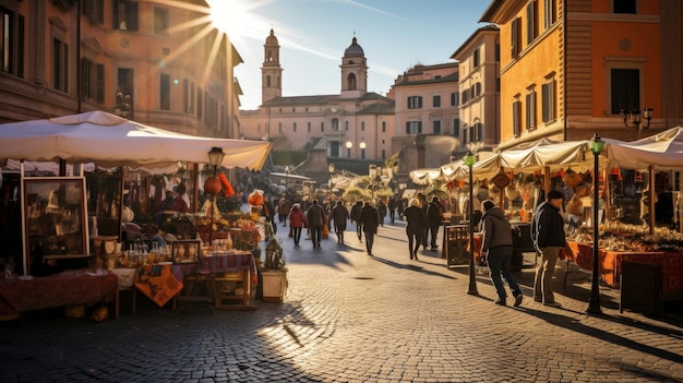 A vibrante cena do mercado romano com comerciantes e compradores