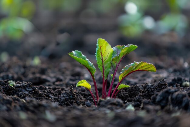 A vida emerge As primeiras folhas tenras de uma beterraba que brota atravessam os ricos