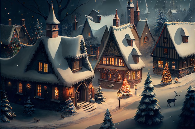 A vila de inverno decora a renderização 3D do festival Feliz Natal