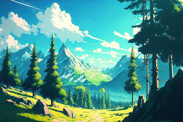 A visão de grande angular mostra um céu azul brilhante, montanhas verdes, árvores e paisagens