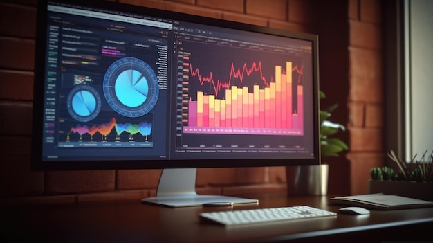 A visão lateral de uma tela de computador exibindo vários gráficos de relatórios financeiros e uma torta no fundo do escritório corporativo bela Generative AI AIG32