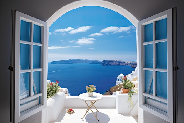 A visão que se vê ao olhar por uma janela aberta em um luxuoso resort em Santorini, na Grécia