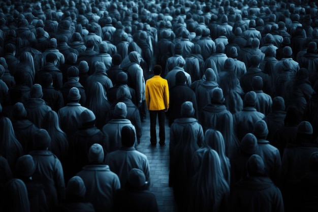 Foto a visão traseira das pessoas e do homem se destaca da multidão conceito de individualidade e singularidade