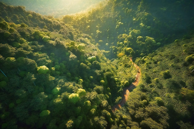A vista aérea revela os segredos ocultos da floresta com a estrada proporcionando uma perspectiva única dos córregos cintilantes do dossel verdejante e da vida selvagem que a chamam de lar