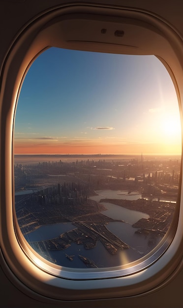 A vista da janela do avião o céu e a cidade abaixo