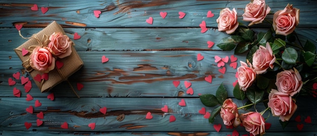 A vista de cima mostra rosas cor-de-rosa e uma caixa de presente com corações de papel Há um fundo de madeira desgastado atrás das rosas
