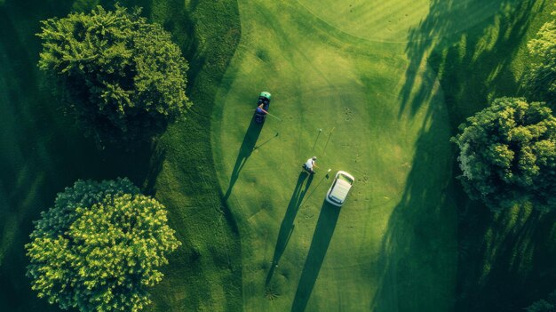 Foto a vista de cima mostra um par de homens jogando golfe em um dia de verão o campo de golfe está à distância