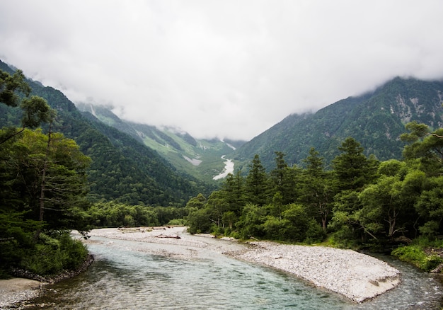 A vista do córrego flui para baixo através da floresta na montanha com fundo de nuvem no Kamikochi Japão