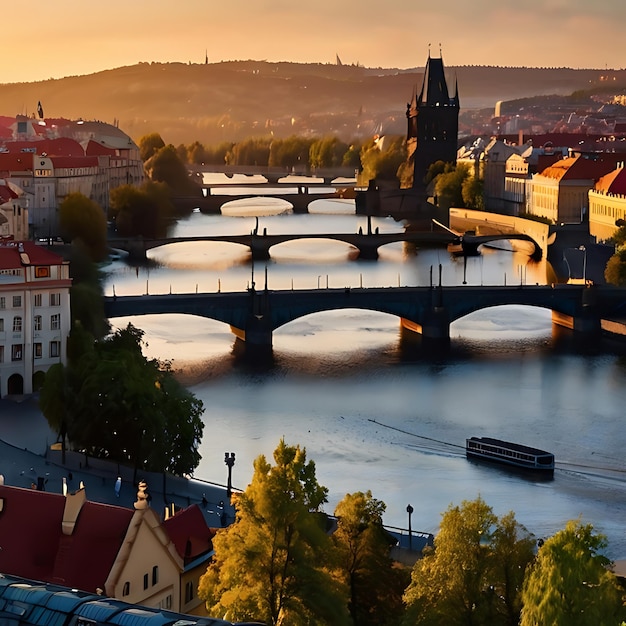 A vista do pôr-do-sol da Ponte Ler sobre o rio Vltava, em Praga, e a noite gerada pela IA