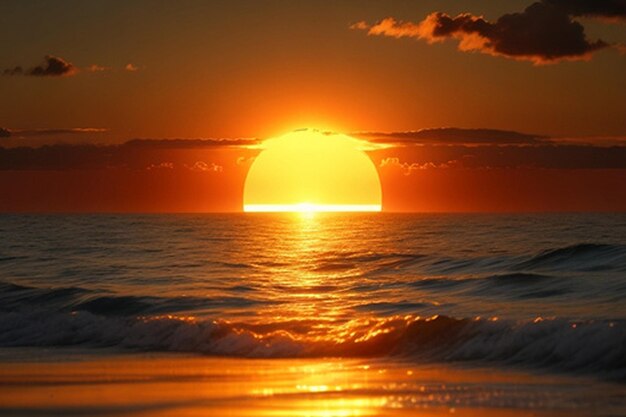 A vista do sol dourado a pôr-se atrás de um horizonte oceânico calmo