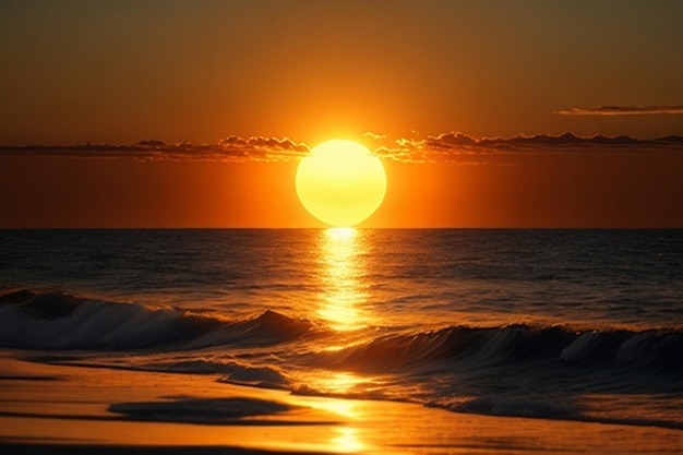 Foto a vista do sol dourado a pôr-se atrás de um horizonte oceânico calmo