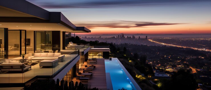 Foto a vista do terraço da casa ao pôr-do-sol