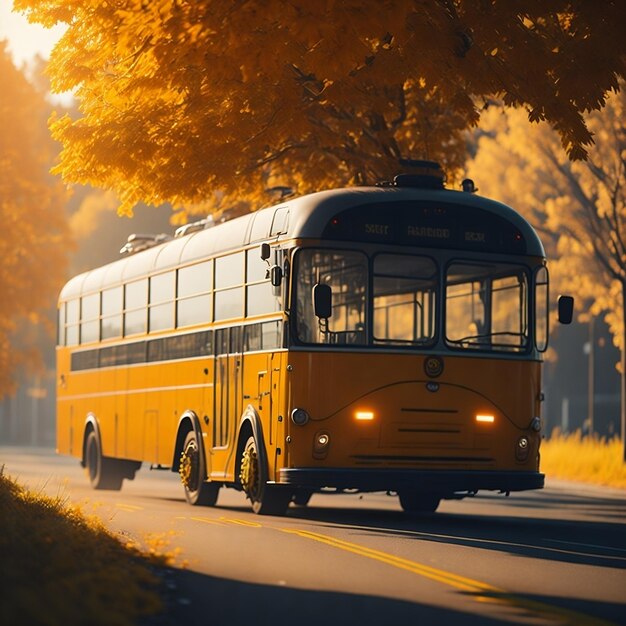 a vista familiar de um ônibus escolar dirigindo para a luz solar direta