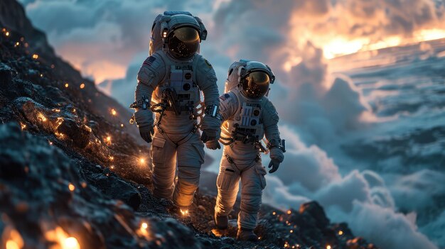 A vista lateral do casal astronauta humano que foi explorado terra aigx