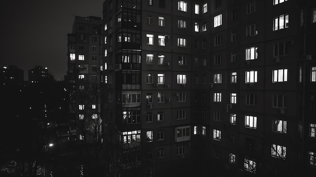 A vista noturna de um edifício residencial com janelas iluminadas A imagem é em preto e branco