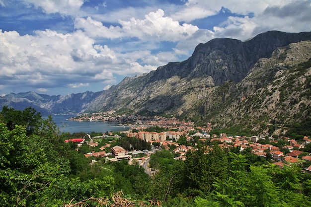 A vista sobre a cidade antiga kotor na costa do adriático, montenegro