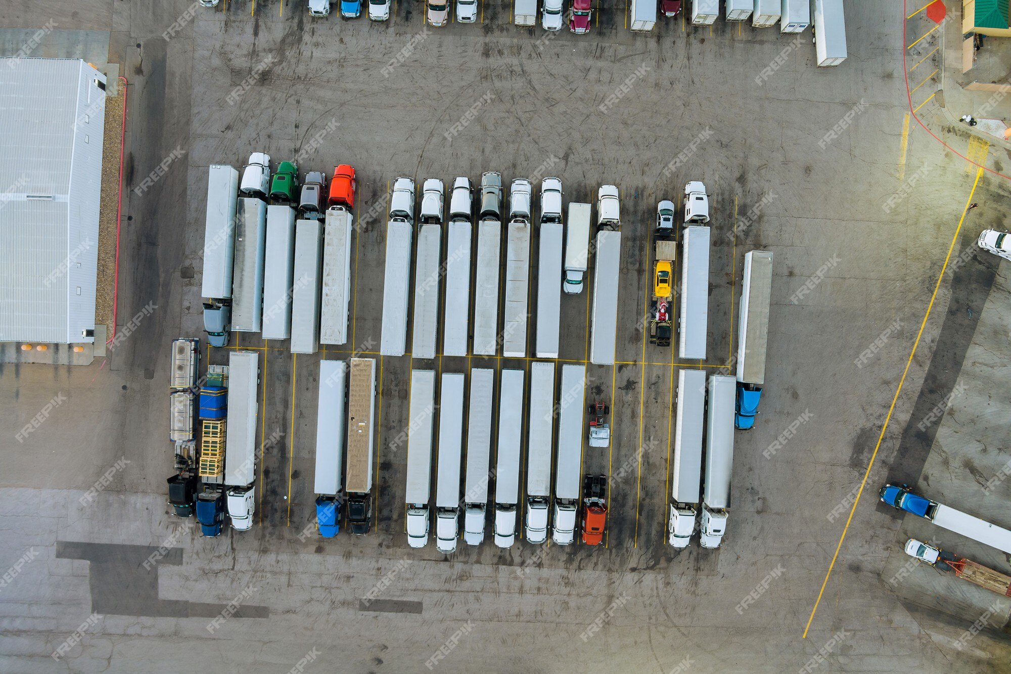 Diferentes Fazem Caminhões-caminhões Grandes Ficarem Na Fila No  Estacionamento Do Caminhão Marcado Com Linhas Foto de Stock - Imagem de  carregador, frota: 157625350