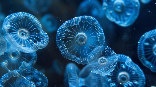 A von Foraminifera winzige Meeresprotisten mit komplizierten Muscheln navigieren durch die blauen Tiefen der