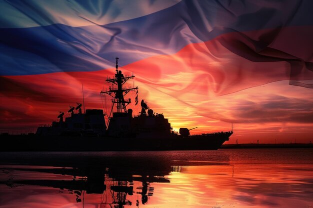 Foto a warship at rest draped in the hues of a russian flag at sunset39s glow