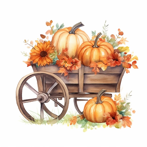 A_watercolor_of_autumn_florals_pumpkin_in_retro_vintage