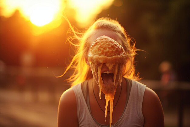 Foto a woman holding a frozen treat to her forehead