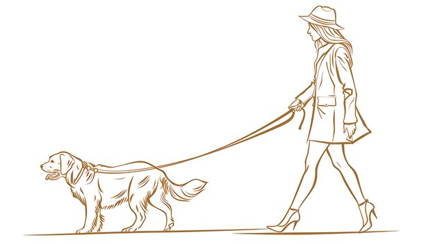 Foto a woman in a hat and coat is walking a dog on a leash the woman is wearing a skirt and high heels the dog is a golden retriever