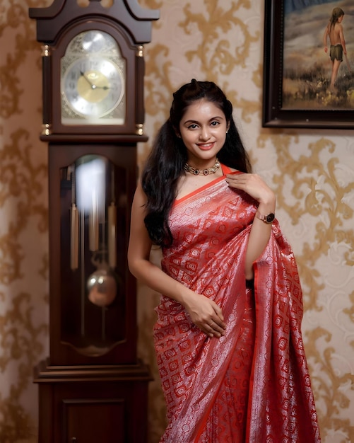 Foto a woman in a sari stands in front of a clock