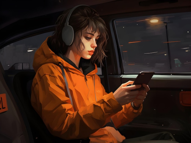 a_woman_in_an_orange_hoodie_is_sitting_in_her_car_on