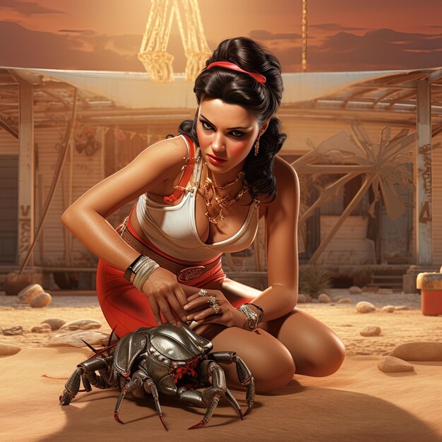 Foto a woman kneeling in front of a model of a crab