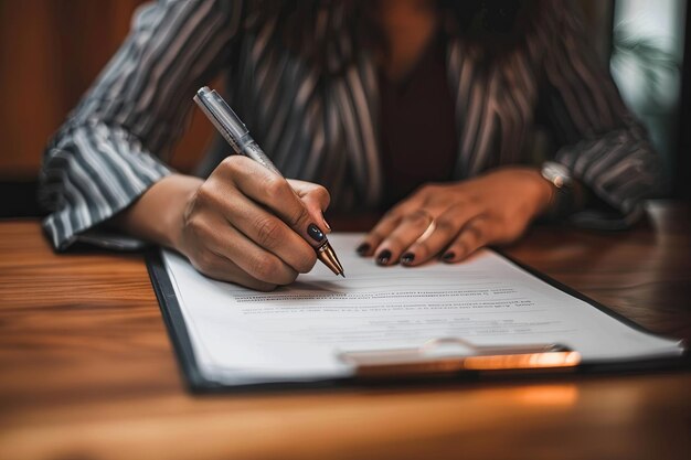 Foto a woman sits at a table diligently writing on a piece of paper likely signing a contract ai