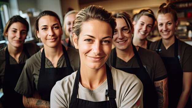 Foto a woman smiles in front of a group of people smiling