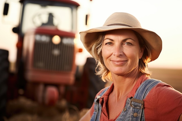 Foto a woman wearing a hat standing in front of a tractor portrait of a european farmer