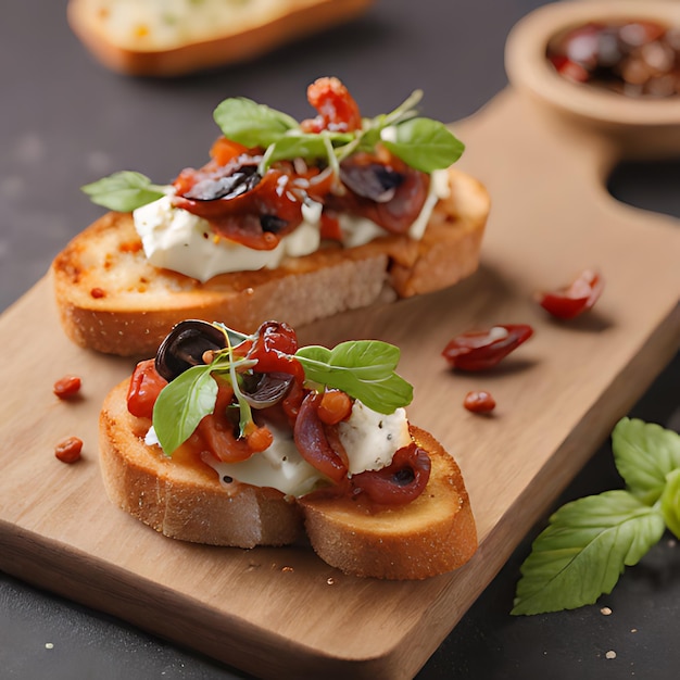 Foto a wooden cutting board with bread and vegetables on it