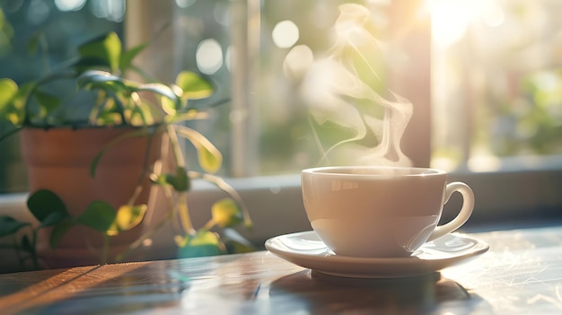 A xícara de café a vapor emite um aroma convidativo.