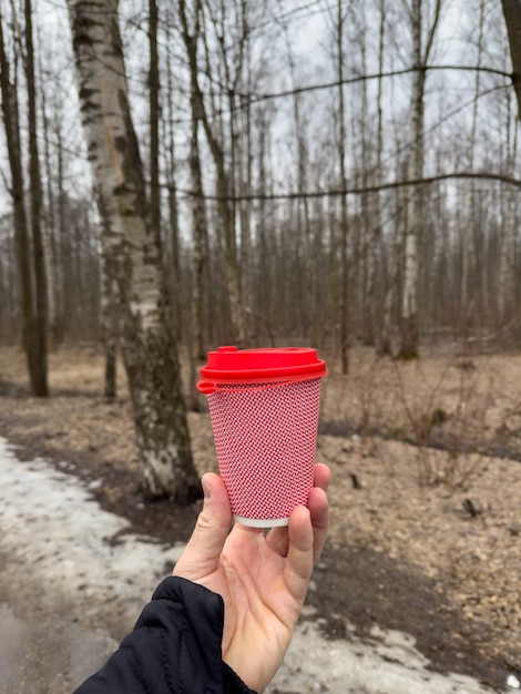 A xícara de café de papelão rosa com uma tampa de plástico vermelha nas mãos dos homens no fundo de uma primavera