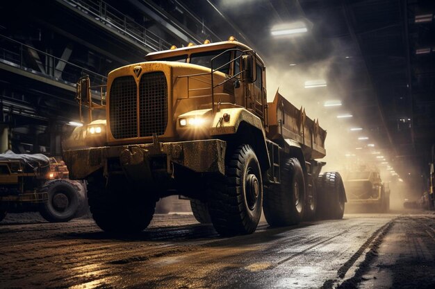 Foto a yellow and black dump truck is in a dark room