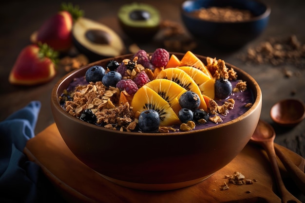 Aa bowl con granola de fruta fresca y un chorrito de miel