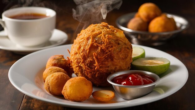 Foto aalu bonda é um pakora indiano ou batata vada servido com ketchup