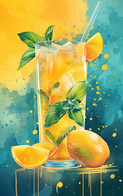 Aam Panna Poster de bebidas con mangos crudos y hojas de menta Ilustración fresca Alimentos Bebidas Sabores indios